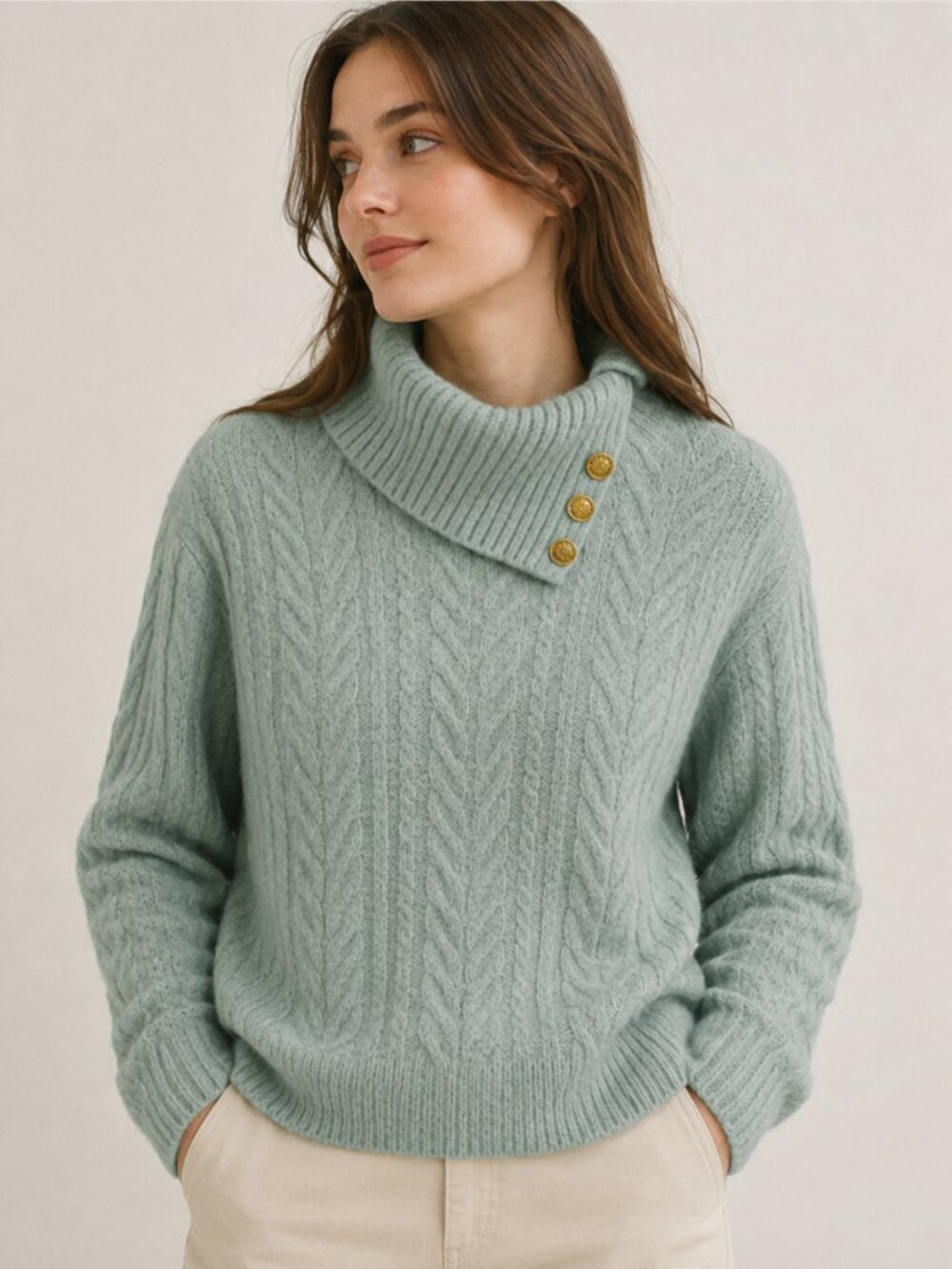 EP SZ L Mohair Wool Blend Cable Knit Sweater Soft Green Gold Buttons
